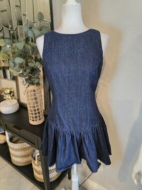 Sleeveless Dark Denim Peplum Dress - Blue